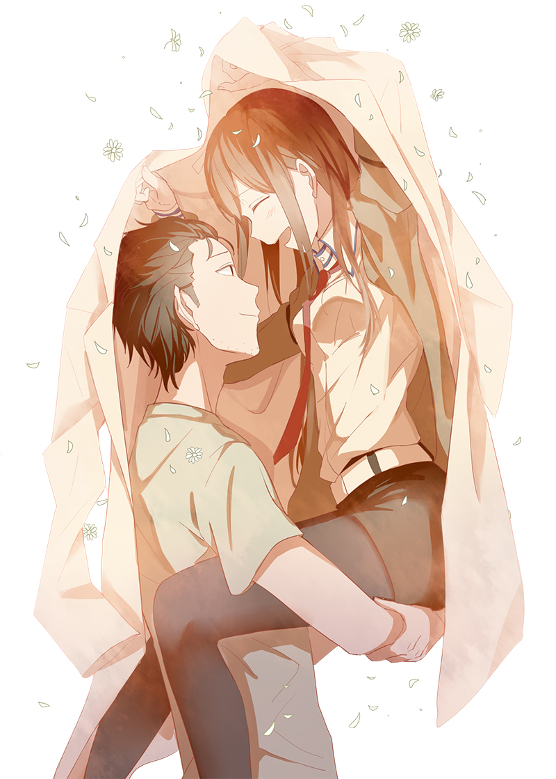 1boy, 1girl, belt, black_hair, blush, breasts, brown_hair, carrying