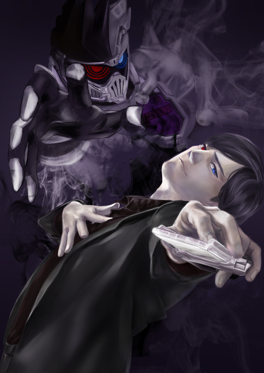 1boy, absurdres, black_hair, blue_eyes, dan_kuroto, formal, hand_on_own_chest, heterochromia, highres, kamen_rider, kamen_rider_ex-aid_(series), kamen_rider_genm, male, reaching_out, red_eyes, ringed_eyes, smoke, suit