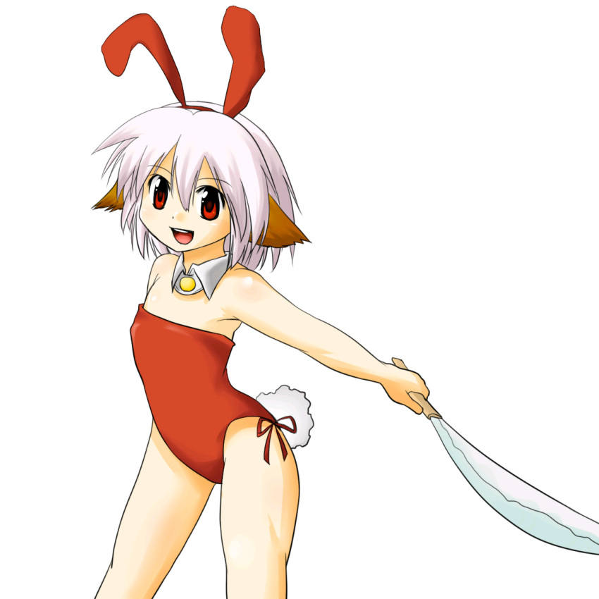 1girl, animal_ears, bow, brooch, bunny_must_die, bunny_tail, bunny_the_honeywhite, bunnysuit, extra_ears, flat_chest, highres, holding, holding_weapon, jewelry, open_mouth, rabbit_ears, red_bow, red_eyes, short_hair, silver_hair, simple_background, solo, tail, vallerg, weapon, white_background