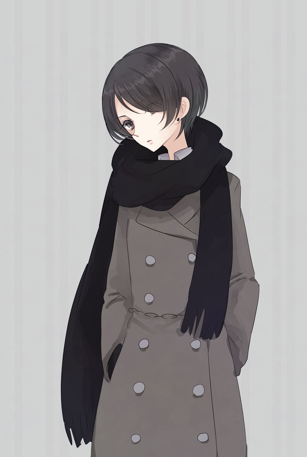 1girl, ashuu_shizuku, brown_eyes, brown_hair, coat, engawa_(osstbti), hair_over_one_eye, hands_in_pockets, highres, mahou_shoujo_ikusei_keikaku, scarf, short_hair, solo, weiss_winterprison, winter_clothes, winter_coat