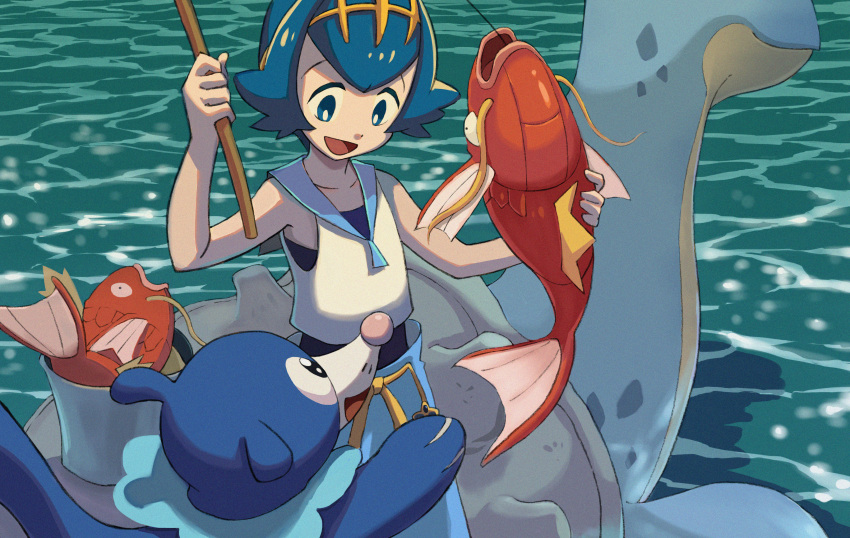 10307, 1girl, absurdres, arm_up, baggy_pants, bare_arms, blue_eyes, blue_hair