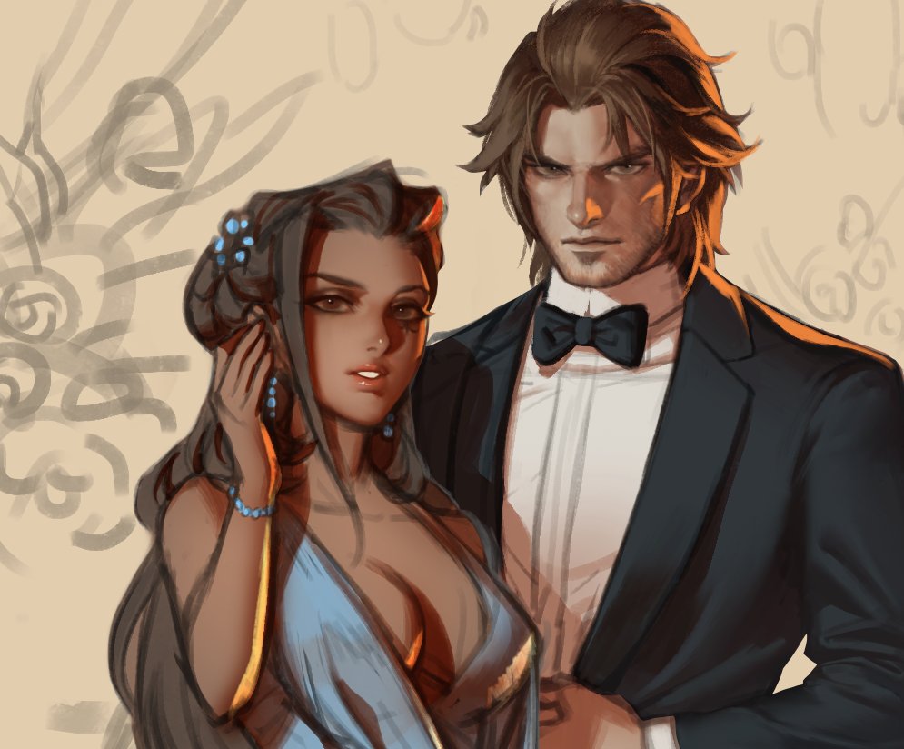 1boy, 1girl, ana_(overwatch), breasts, brown_hair, captain_amari, dark_skin, et.m, eyepatch, facial_tattoo, formal, hair_ornament, hat, long_hair, looking_at_viewer, mccree_(overwatch), mission:_impossible, overwatch, smile, suit, tattoo, younger