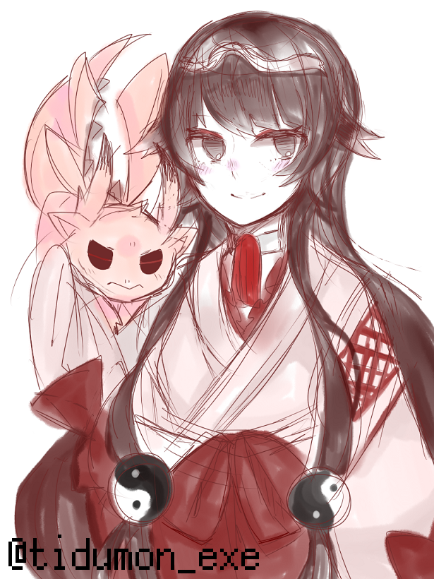 1girl, japanese_clothes, mahou_shoujo_ikusei_keikaku, mahou_shoujo_ikusei_keikaku_restart, miko, miyokata_nonako, sketch, smile, solo, tidumon_exe, yin_yang