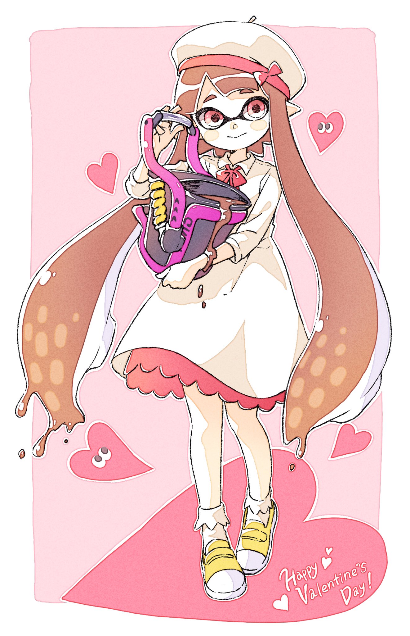 1girl, bucket, chocolate, comamawa, dress, facing_viewer, happy_valentine, hat, heart, highres, ink, inkling, long_hair, looking_at_viewer, orange_hair, shoes, simple_background, skirt, slosher_(splatoon), smile, solo, splatoon, splatoon_2, valentine, yellow_shoes