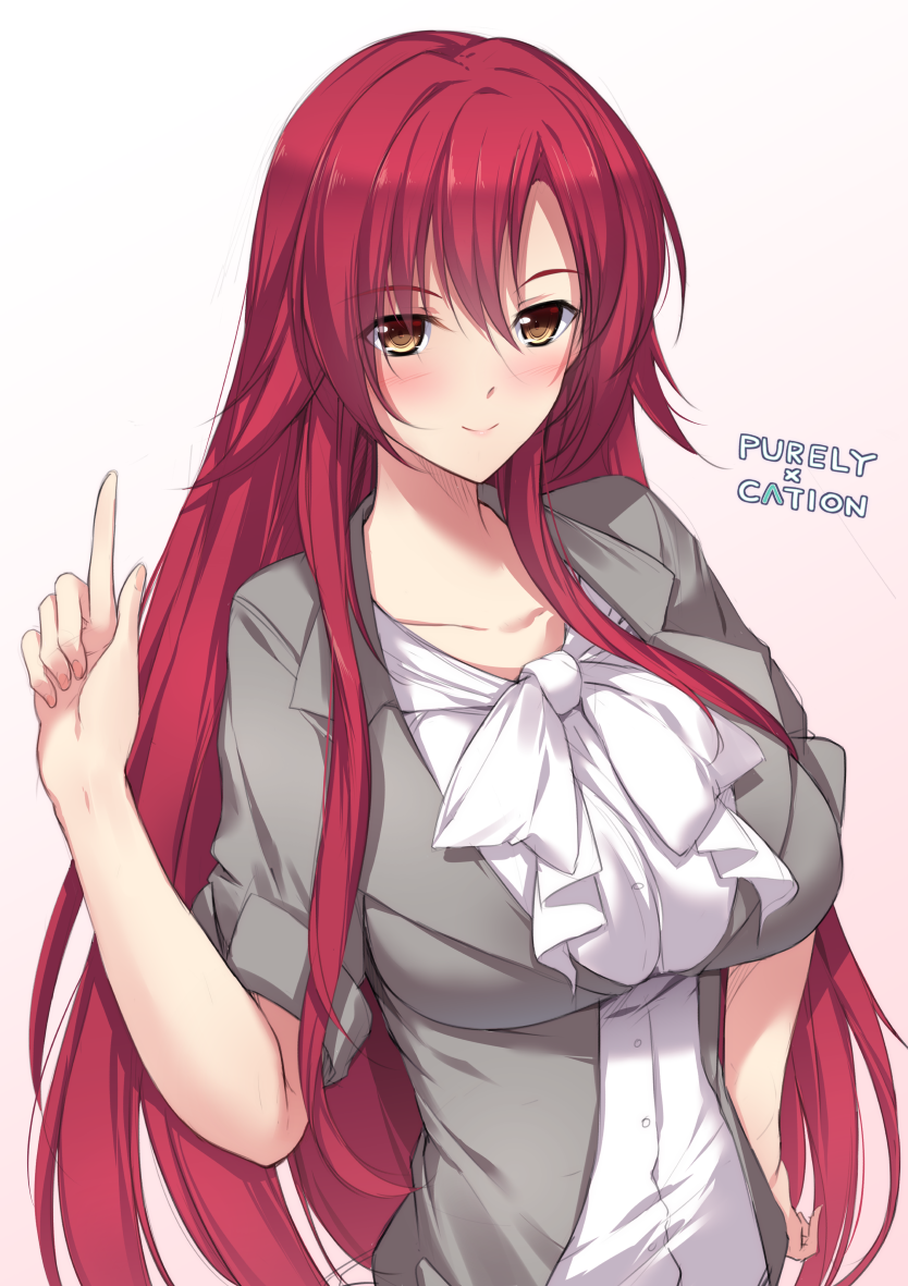 1girl, ayase_touka, blazer, blush, breasts, copyright_name, hand_on_hip, index_finger_raised