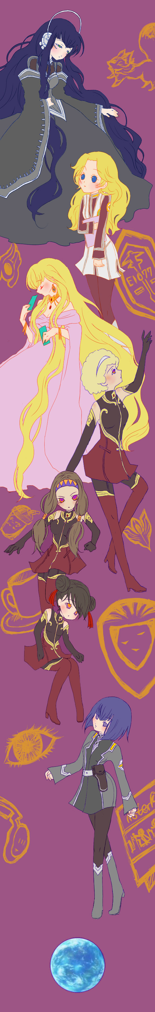 artella, black_hair, blonde_hair, boots, brown_hair, card, cards, closed_eyes, detached_sleeves, dress, earrings, earth, everyone, hairband, headband, highres, holding, holding_card, jewelry, long_hair, long_image, michelle_viper, mother_eliza, necklace, pestazio, physis, short_hair, swena_dalton, tall_image, thigh-highs, thigh_boots, thighhighs, toward_the_terra, towards_the_terra, twellen, twintails, uniform, very_long_hair