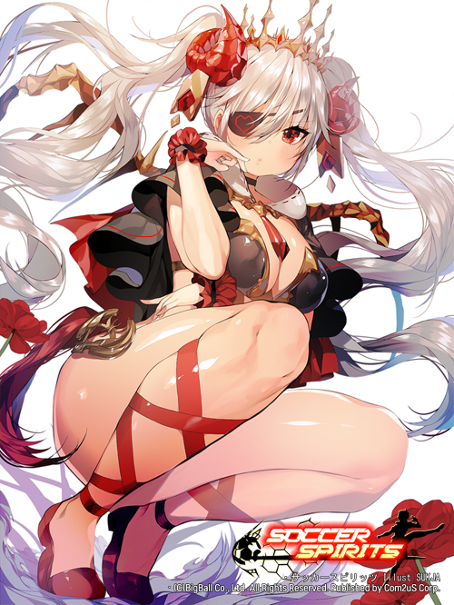 1girl, blush, breasts, capelet, choker, cleavage, closed_mouth, copyright_name, cow_demon_queen, eyepatch, floating_hair, flower, full_body, horn_ornament, horns, leg_ribbon, long_hair, looking_at_viewer, medium_breasts, official_art, red_eyes, red_shoes, ribbon, shoes, silver_hair, soccer_spirits, solo, squatting, sukja, tail, tiara, twintails, wrist_cuffs
