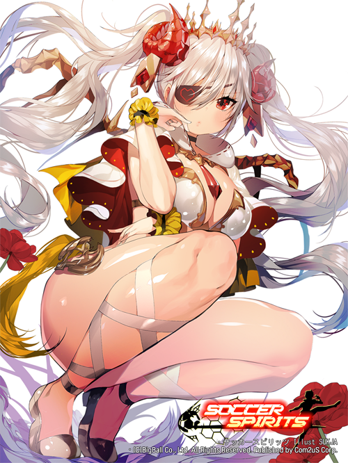 1girl, blush, breasts, capelet, choker, cleavage, closed_mouth, copyright_name, cow_demon_queen, eyepatch, floating_hair, flower, full_body, horn_ornament, horns, leg_ribbon, long_hair, looking_at_viewer, medium_breasts, official_art, red_eyes, red_shoes, ribbon, shoes, silver_hair, soccer_spirits, solo, squatting, sukja, tail, tiara, twintails, wrist_cuffs