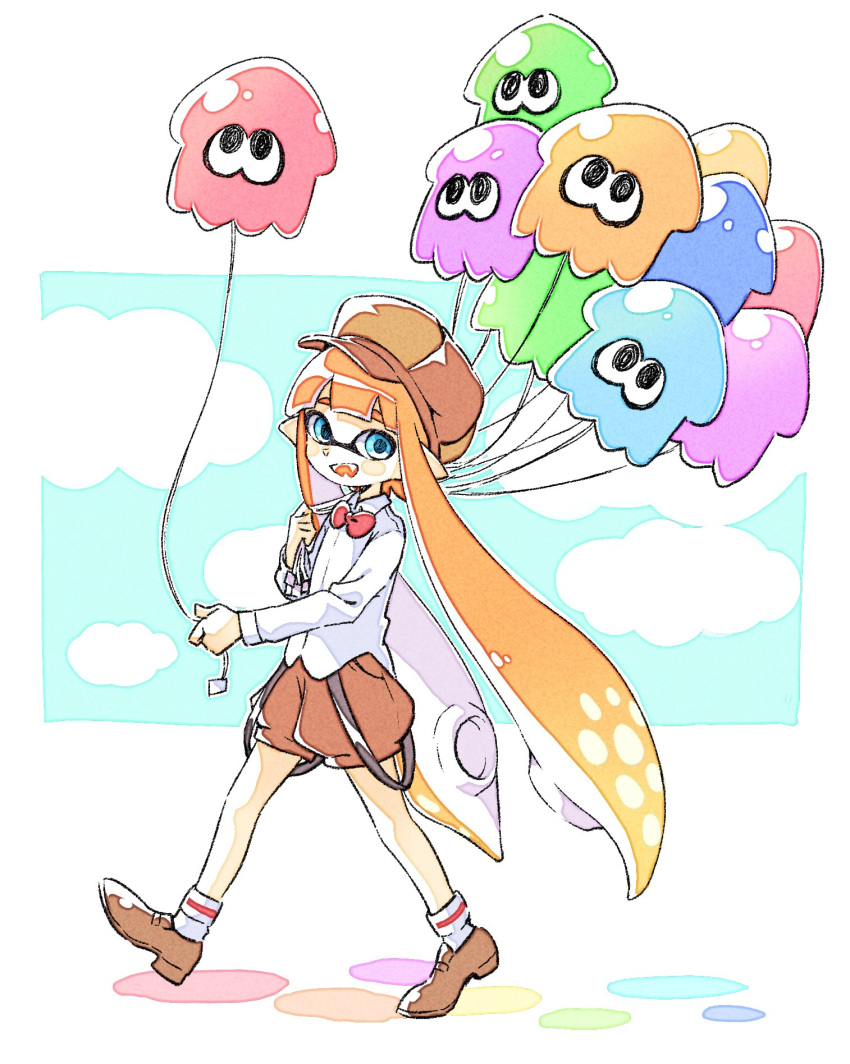 1girl, balloon, blue_eyes, blush_stickers, clouds, comamawa, fangs, happy