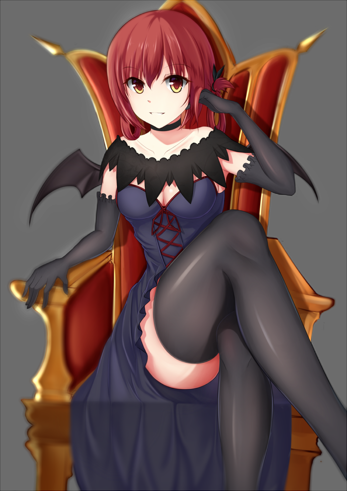 1girl, bat_hair_ornament, bat_wings, black_dress, black_legwear, breasts, cleavage, collar, demon_girl, dress, earrings, elbow_gloves, gabriel_dropout, gloves, hair_ornament, hair_rings, hair_tousle, jewelry, kurumizawa_satanichia_mcdowell, legs_crossed, long_hair, looking_at_viewer, parted_lips, redhead, smile, solo, thigh-highs, throne, wings, xiao_long_o, yellow_eyes