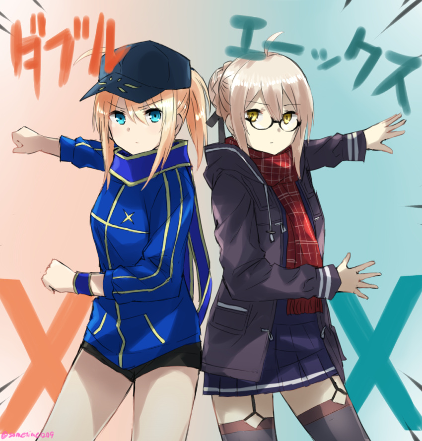 2girls, black_legwear, blonde_hair, blue_eyes, fate/grand_order, fate_(series), glasses, hat, heroine_x, heroine_x_(alter), kamen_rider, kamen_rider_ex-aid, kamen_rider_ex-aid_(series), long_hair, looking_at_viewer, mighty_brothers_xx, multiple_girls, parody, peaked_cap, plaid, plaid_scarf, pose, saber, scarf, semi-rimless_glasses, sketch, solo, somechime_(sometime1209), thigh-highs, under-rim_glasses, yellow_eyes