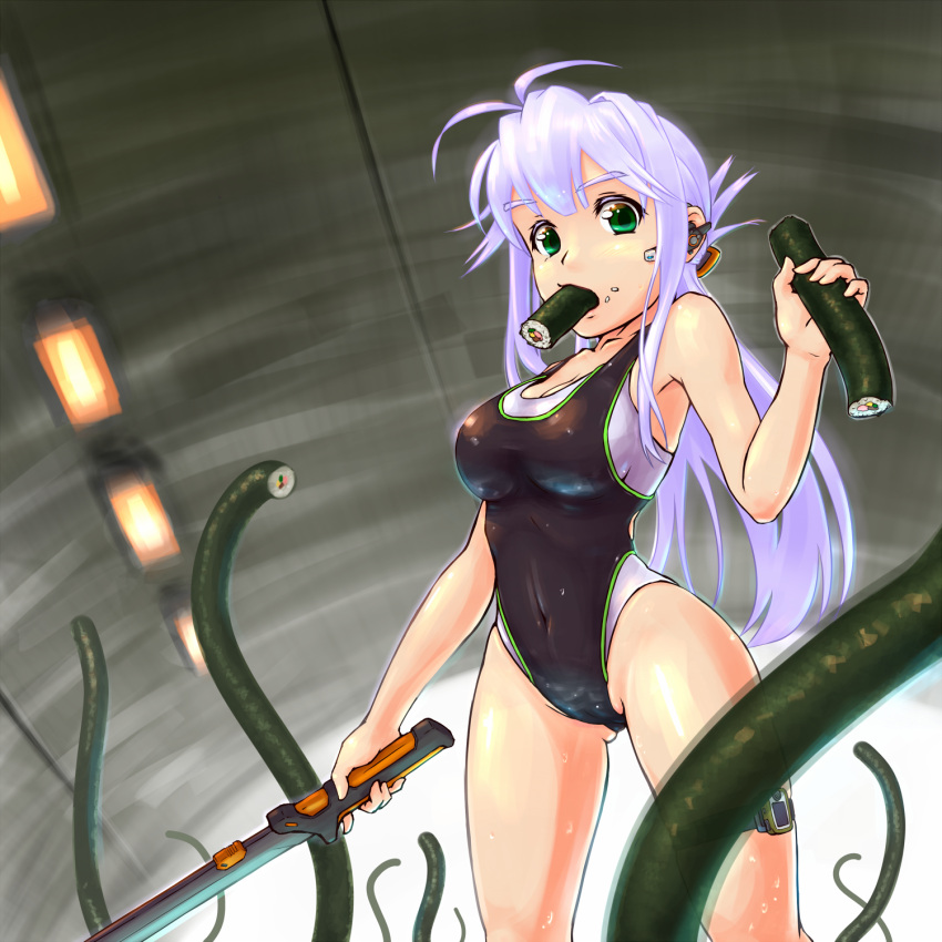 1girl, black_swimsuit, competition_swimsuit, covered_navel, ehoumaki, food, from_below, gluteal_fold, green_eyes, highres, hokkyoku, long_hair, looking_at_viewer, makizushi, mouth_hold, one-piece_swimsuit, original, solo, standing, sushi, swimsuit, sword, tentacle, weapon, white_hair