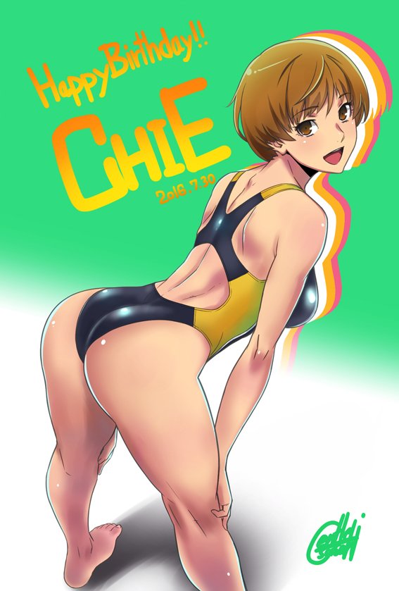 1girl, arched_back, artist_name, ass, back, bangs, black_swimsuit, bob_cut