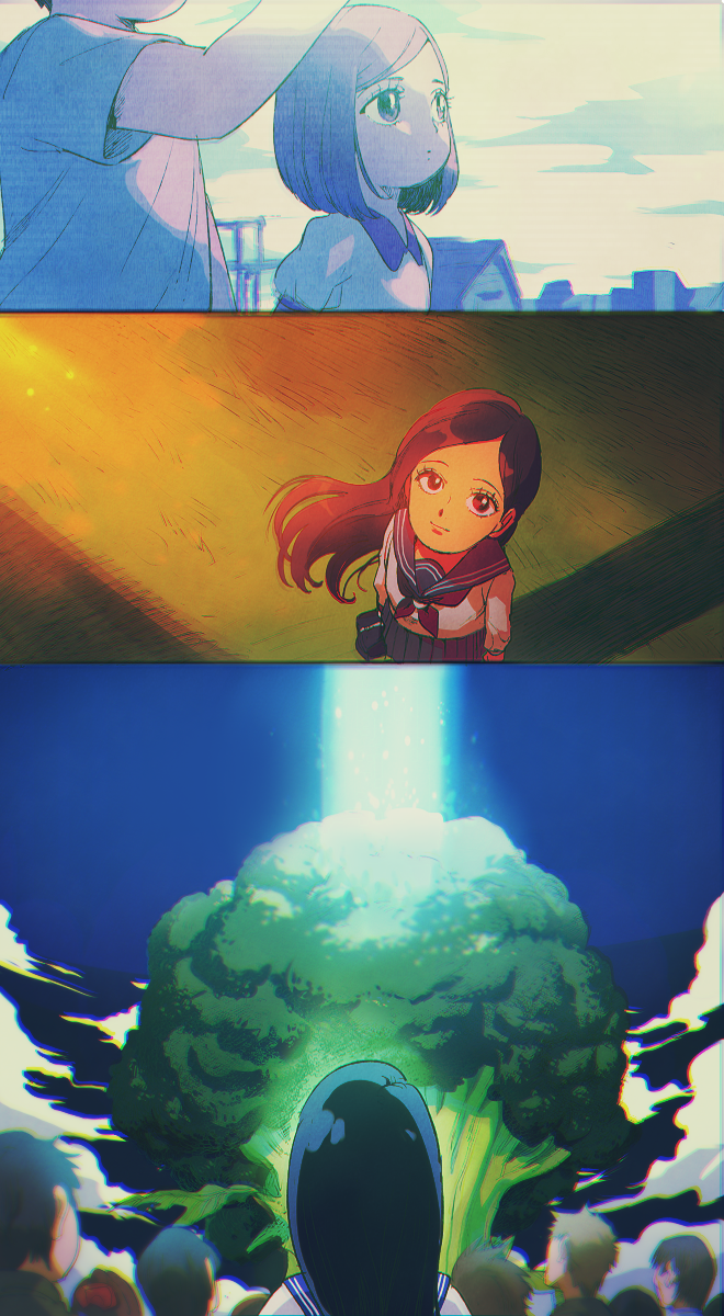 1girl, aoki_(fumomo), broccoli, crowd, highres, kageyama_shigeo, looking_up, mob_psycho_100