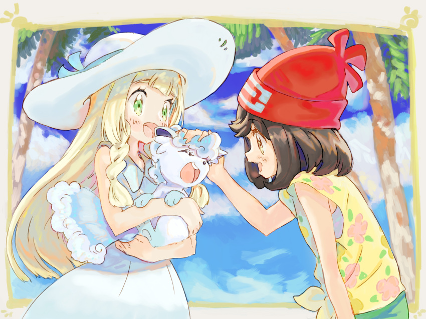 2girls, ^_^, ^o^, alola_form, alolan_vulpix, bangs, bare_shoulders, beanie