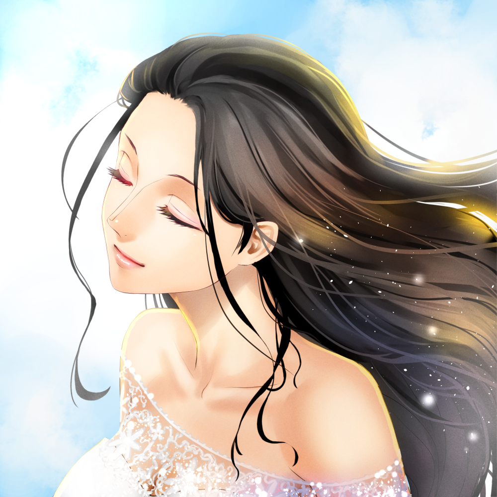1girl, bare_shoulders, black_hair, blue_sky, closed_eyes, closed_mouth, clouds, cloudy_sky, collarbone, dress, eyelashes, floating_hair, from_side, light_smile, lipgloss, lips, long_hair, makeup, mascara, nico_robin, nose, off-shoulder_dress, off_shoulder, one_piece, shinmanawa, sky, solo, upper_body