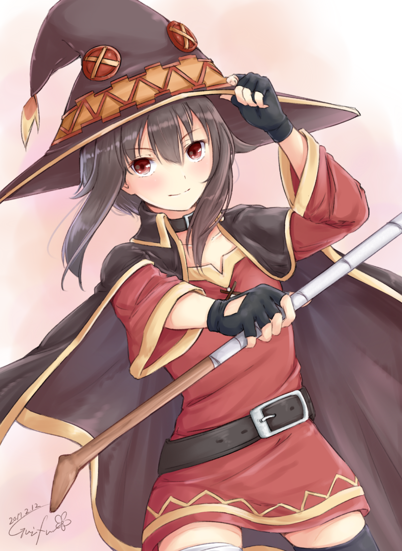 1girl, adjusting_clothes, adjusting_hat, bandage, belt, black_hair, black_legwear, blush, cape, collar, fingerless_gloves, gloves, gurifu, hat, kono_subarashii_sekai_ni_shukufuku_wo!, looking_at_viewer, megumin, red_eyes, short_hair, single_thighhigh, smile, solo, staff, thigh-highs, witch_hat