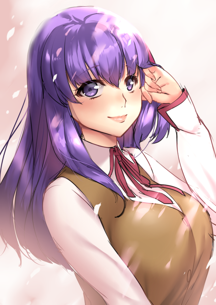1girl, adjusting_hair, blouse, breasts, cherry_blossoms, fate/stay_night, fate_(series), gradient