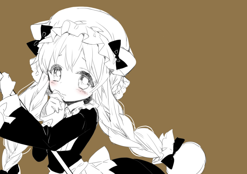 1girl, bangs, blush, bow, braid, dress, edoya_pochi, hat, hat_bow, long_hair, long_sleeves, looking_at_viewer, mahou_shoujo_ikusei_keikaku, mahou_shoujo_ikusei_keikaku_restart, monochrome, nokko-chan, sketch, solo, spot_color, twin_braids, twintails