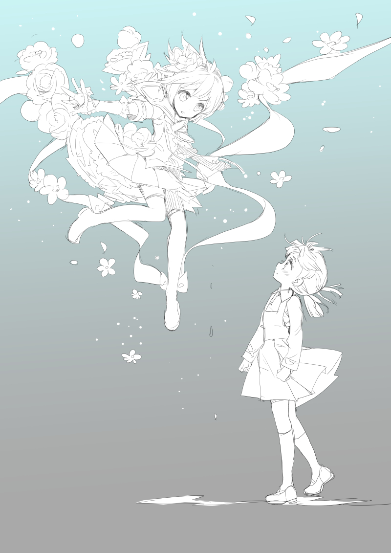 2girls, blue_background, dress, edoya_pochi, floating, flower, gradient, gradient_background