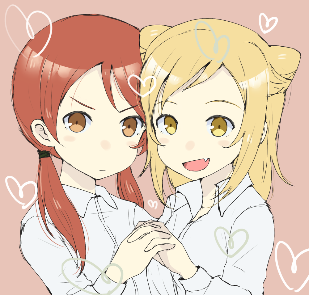 2girls, blonde_hair, brown_eyes, collared_shirt, commentary_request, demi-chan_wa_kataritai, double_bun, dress_shirt