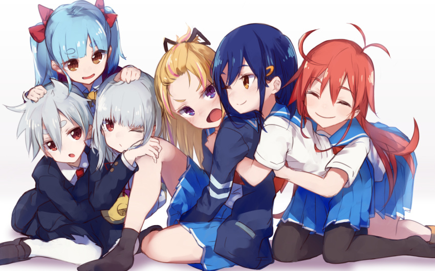 1boy, 6+girls, ahoge, artist_request, blazer, blonde_hair, blue_hair, blush