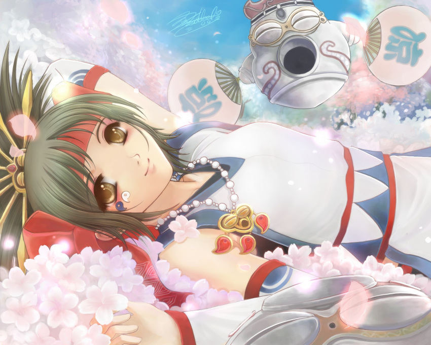 black_hair, detached_sleeves, facial_mark, fan, flat_chest, flower, glowing, hair_ornament