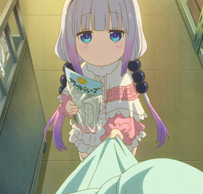 beads, blue_eyes, dragon_girl, dress, expressionless, frilled_dress, frills, gradient_hair, hair_beads, hair_ornament, highres, holding_shirt, interacting_with_viewer, kanna_kamui, kobayashi-san_chi_no_maidragon, looking_at_viewer, multicolored_hair, screencap, shoes, shop, stitched, twintails, uwabaki