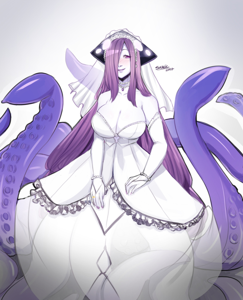 2017, artist_name, bare_shoulders, blush, bracelet, breasts, bridal_gauntlets, bridal_veil, bride, cleavage, dress, elbow_gloves, gloves, hair_over_one_eye, highres, jewelry, kraken_(monster_girl_encyclopedia), large_breasts, long_hair, monster_girl, monster_girl_encyclopedia, nail_polish, necklace, pale_skin, pearl_bracelet, pearl_necklace, purple_hair, purple_nails, ring, scylla, simple_background, smile, sucaciic, tentacle, veil, very_long_hair, violet_eyes, wedding_band, wedding_dress, white_dress, white_gloves