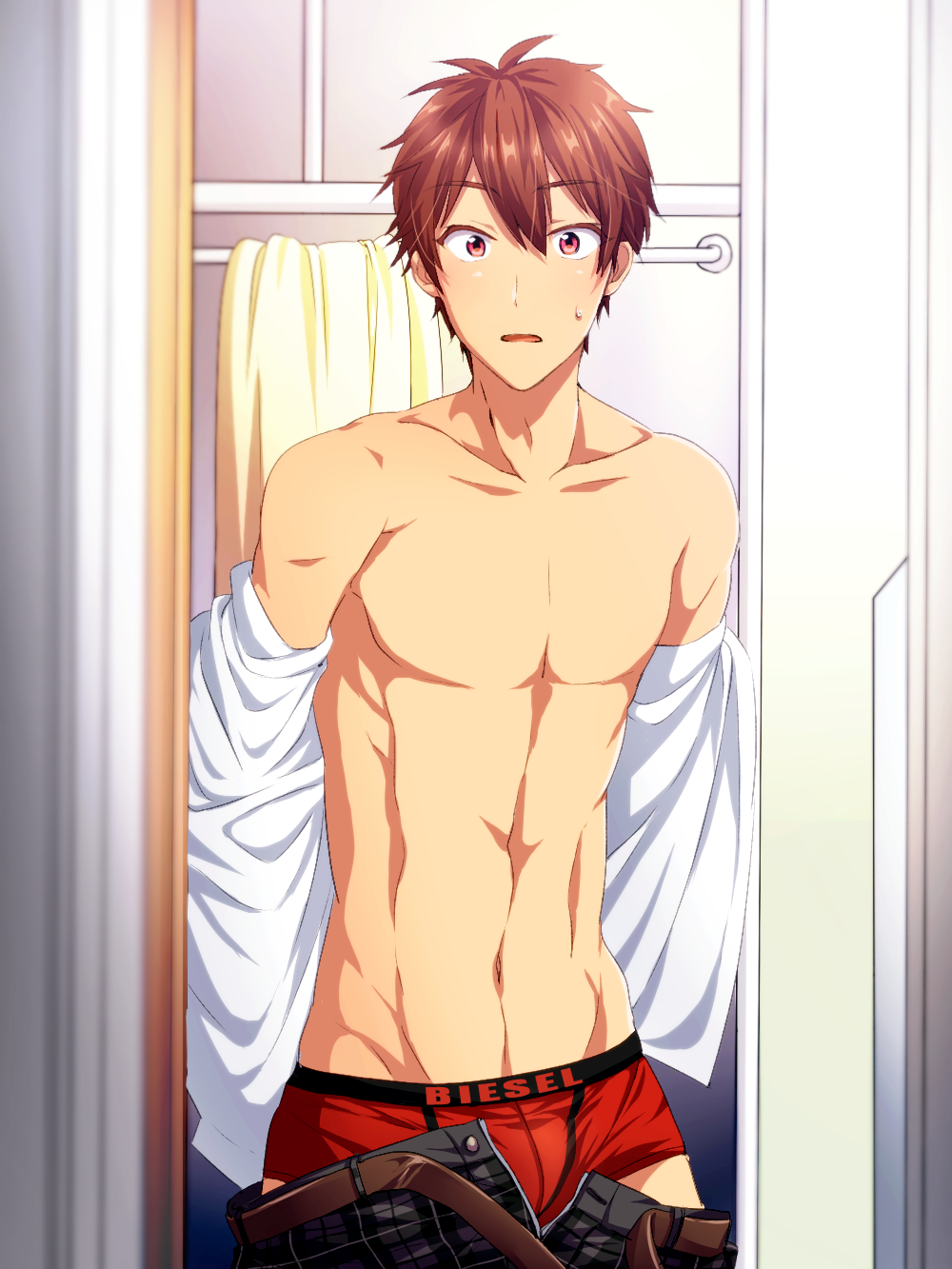 1boy, belt, boxers, brand_name_imitation, brown_hair, bulge, bunmare, ensemble_stars!