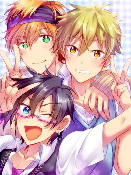 3boys, ;d, akiyama_hayato, black_hair, blue_eyes, blush, bunmare, collarbone, earrings, fang, glasses, green_eyes, green_hair, headband, idolmaster, idolmaster_side-m, iseya_shiki, jewelry, looking_at_viewer, male_focus, multiple_boys, one_eye_closed, open_mouth, orange_hair, pink-framed_eyewear, smile, v, wakazato_haruna, yellow_eyes