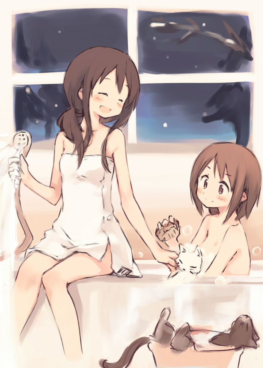 2girls, :d, ^_^, basin, bath, bathtub, brown_hair, cat