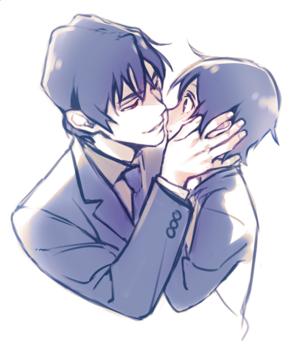 2boys, age_difference, boku_dake_ga_inai_machi, eye_contact, formal, fujinuma_satoru, hand_on_another's_face, incipient_kiss, jumping_dogeza, long_sleeves, looking_at_another, monochrome, multiple_boys, necktie, parted_lips, raglan_sleeves, red_eyes, shota, suit, upper_body, yaoi, yashiro_gaku