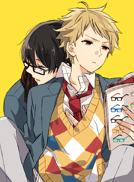 2boys, argyle, bespectacled, black_hair, blonde_hair, brown_eyes, glasses, hug, hug_from_behind, kanbara_akihito, kyoukai_no_kanata, magazine, male_focus, multiple_boys, nase_hiroomi, necktie, nmunco, reading, red_necktie, scarf, simple_background, yellow_background