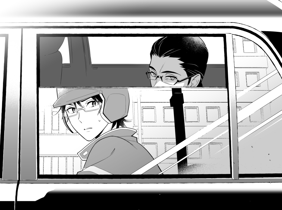2boys, boku_dake_ga_inai_machi, car, employee_uniform, fujinuma_satoru, glasses, greyscale, ground_vehicle