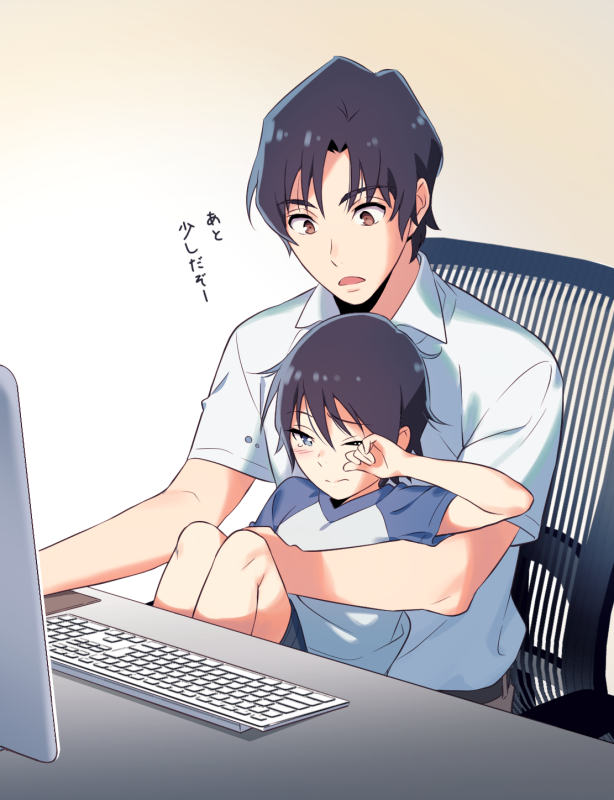 2boys, bangs, boku_dake_ga_inai_machi, brown_eyes, center_part, chair, fujinuma_satoru, gradient