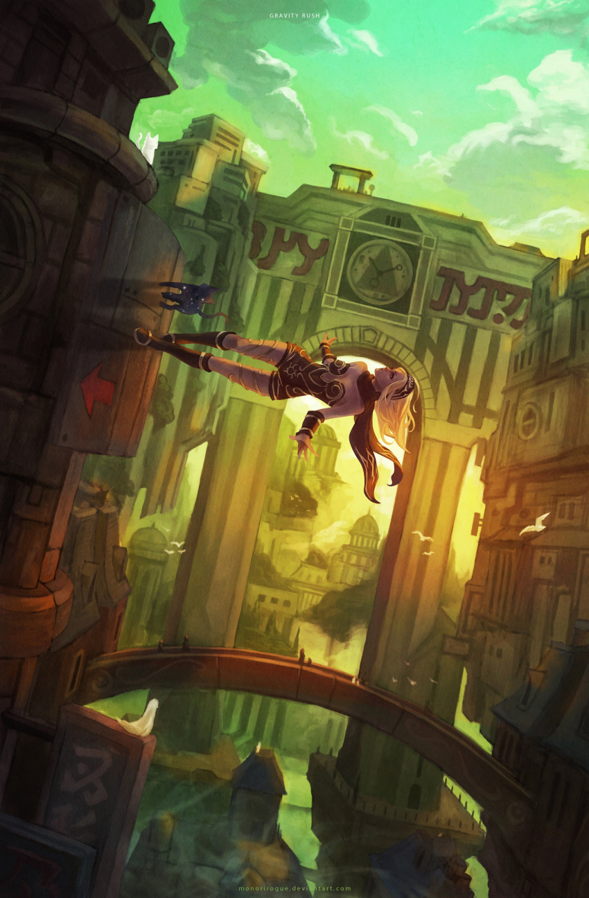 1girl, absurdres, anti-gravity, backlighting, bare_shoulders, blonde_hair, breasts, cityscape