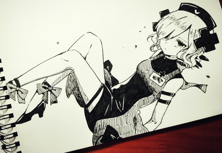 1girl, cross, hat, mahou_shoujo_ikusei_keikaku, monochrome, nurse_cap, sakimaru_(mahoiku), shadow_gale