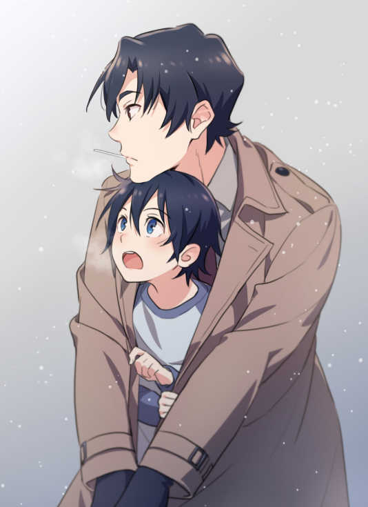 2boys, black_hair, blue_eyes, boku_dake_ga_inai_machi, breath, candy, coat, food