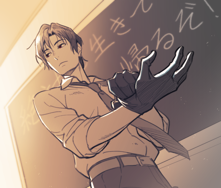 1boy, adjusting_clothes, adjusting_gloves, belt, boku_dake_ga_inai_machi, chalkboard, closed_mouth, dress_shirt
