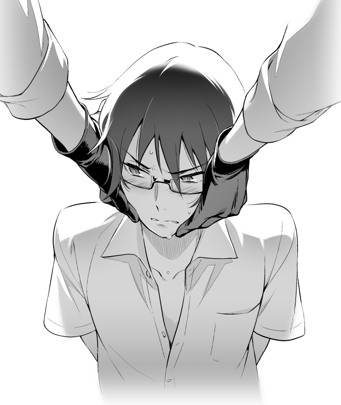 1boy, arms_behind_back, blush, boku_dake_ga_inai_machi, collarbone, fujinuma_satoru, glasses, gloves