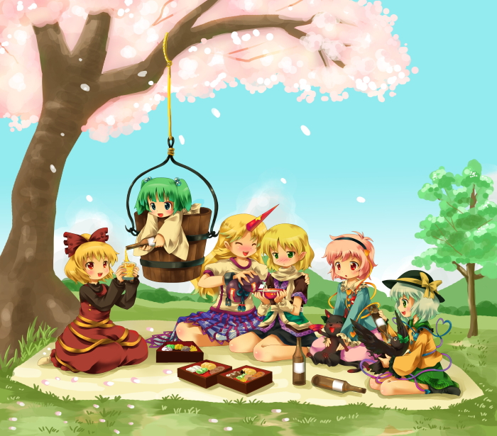 alcohol, bad_id, bucket, cherry_blossoms, drinking, everyone, food, horn