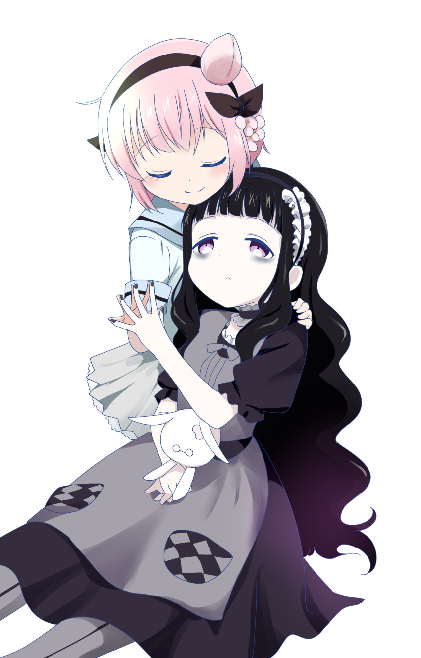 2girls, absurdres, agenasu, black_hair, blush, closed_eyes, hands_together, hardgore_alice, highres, leaning_back, long_hair, mahou_shoujo_ikusei_keikaku, multiple_girls, pink_hair, short_hair, smile, snow_white_(mahoiku)