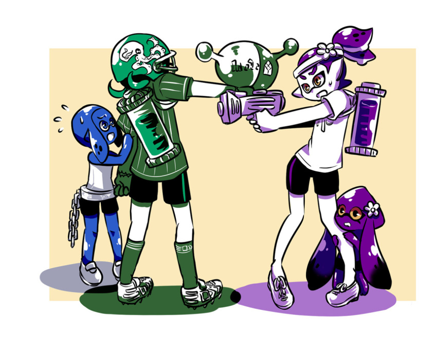 1girl, 3boys, beauty_(zoza), blue_eyes, brother_and_sister, brown_eyes, chains, cleats