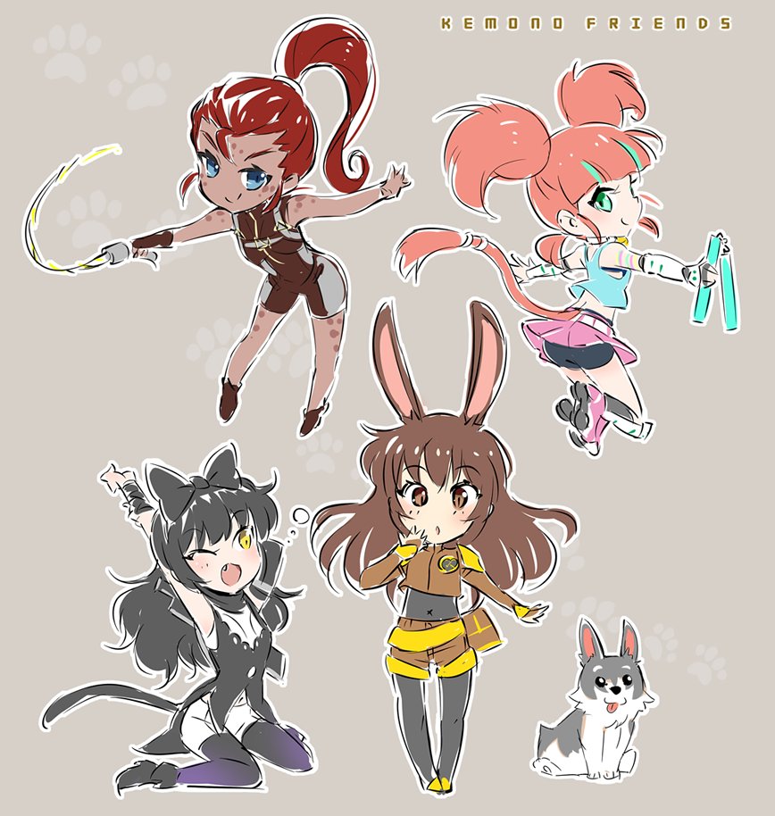 4girls, animal_ears, black_hair, blake_belladonna, brown_hair, cat_tail, chibi, commentary
