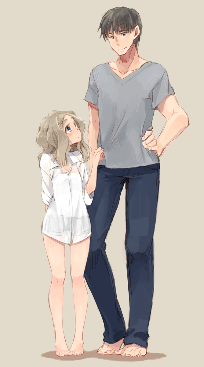 1boy, 1girl, barefoot, blue_eyes, blush, brown_hair, chibikko_(morihito), denim