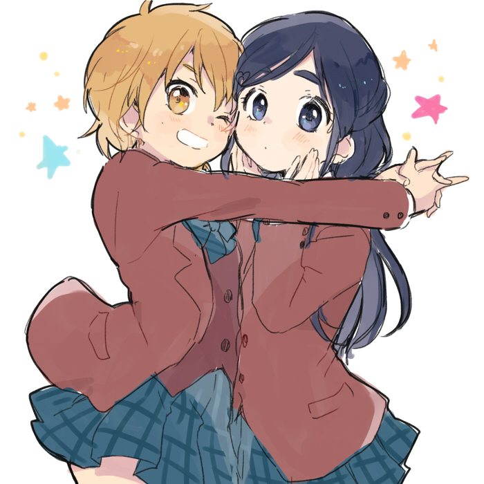 2girls, bangs, blazer, blue_eyes, blue_hair, blush, bow, bowtie