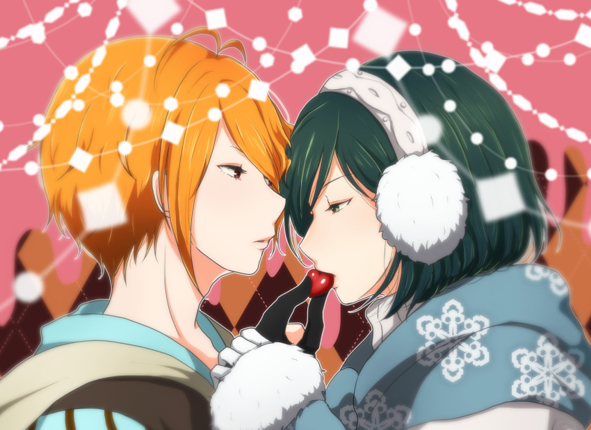 2boys, alternate_costume, argyle, argyle_background, black_gloves, earmuffs, feeding, gloves