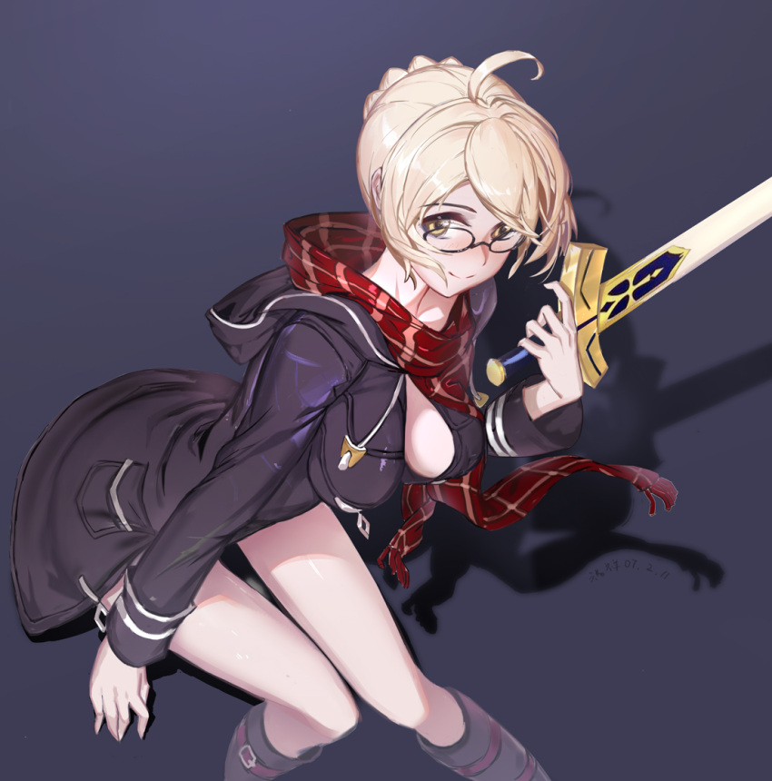 1girl, ahoge, arm_at_side, bangs, belt_boots, black-framed_eyewear, black_background, black_coat