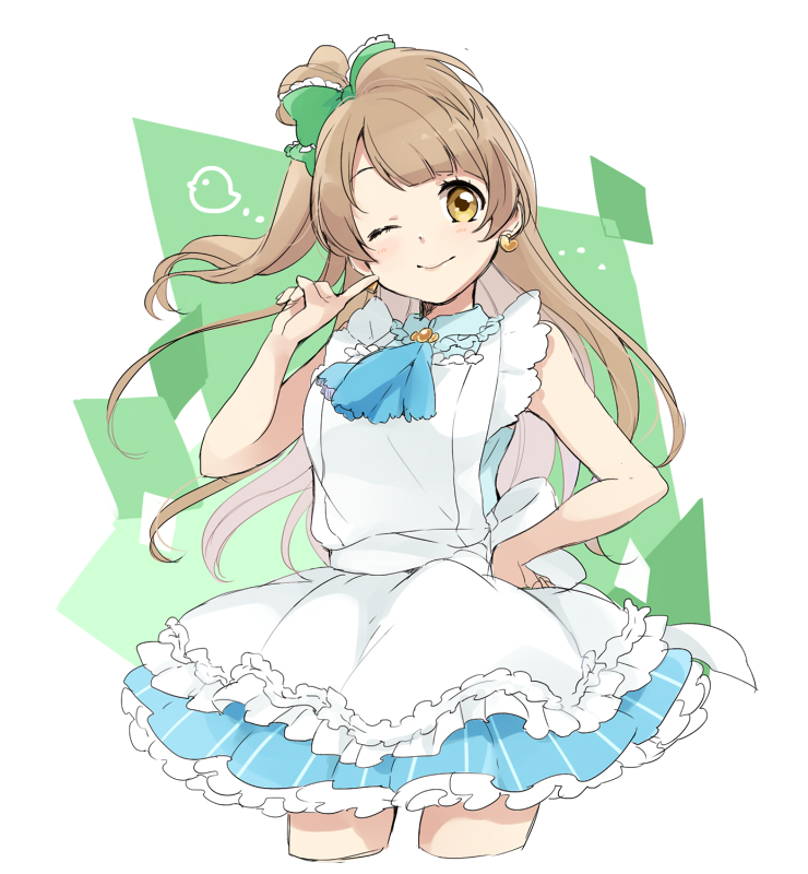 1girl, ;), alice_(wonderland), alice_(wonderland)_(cosplay), alice_in_wonderland, apron, ascot, bangs, bare_arms, bird, blue_ascot, blush, bow, brown_hair, collar, cosplay, cowboy_shot, cropped_legs, earrings, eyelashes, finger_to_cheek, frilled_apron, frilled_ribbon, frills, hair_ornament, hair_ribbon, hand_on_hip, heart, heart_earrings, index_finger_raised, jewelry, korekara_no_someday, long_hair, looking_at_viewer, love_live!, love_live!_school_idol_project, minami_kotori, om5han, one_eye_closed, one_side_up, ribbon, sleeveless, smile, solo, striped, swept_bangs, tareme, vertical_stripes, yellow_eyes